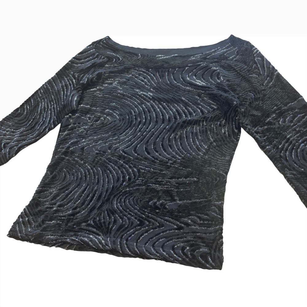 Y2k Black Metallic Swirl Textured Boatneck Top 3/4 Sleeve Whimsigoth alt S/M